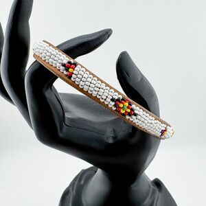 Vintage Handmade Beaded Leather Bracelet – White & Multicolor Tribal Boho Cuff